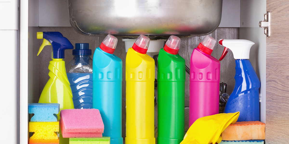 cleaning products under a sink